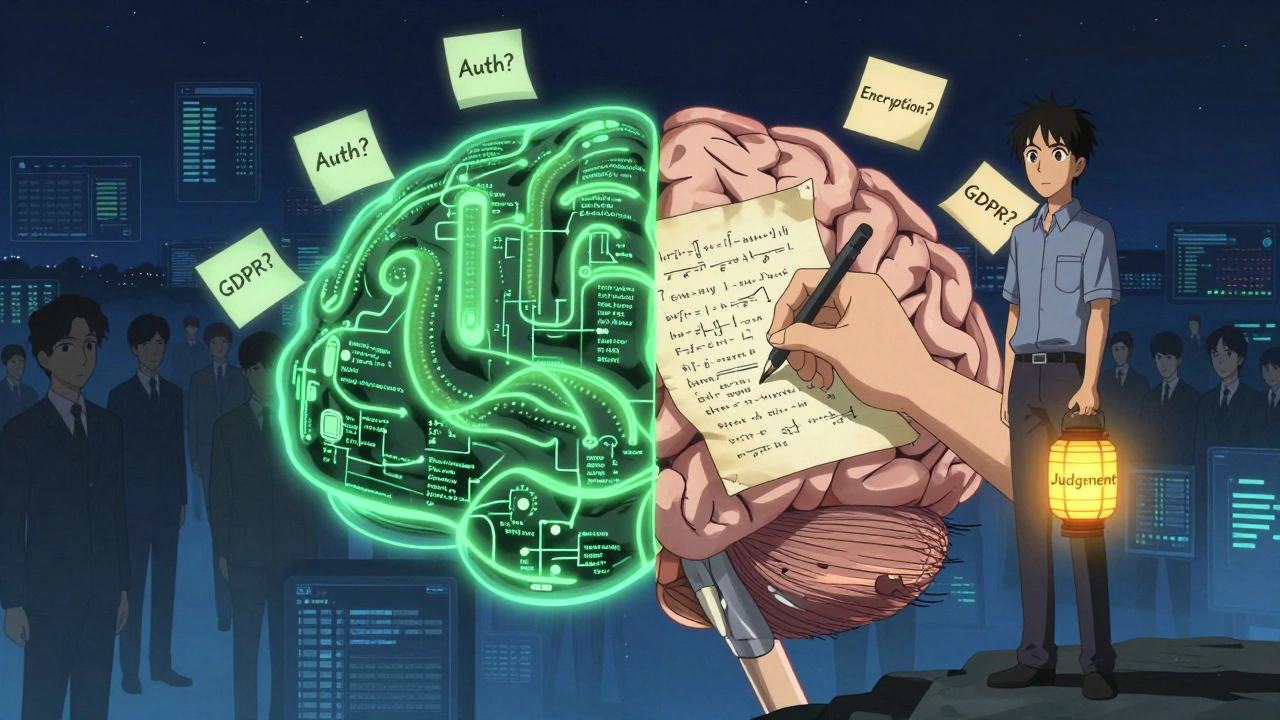 Cerveau symbolique divisé entre automatisation et jugement humain, avec des notes rappelant les limites de l'IA.