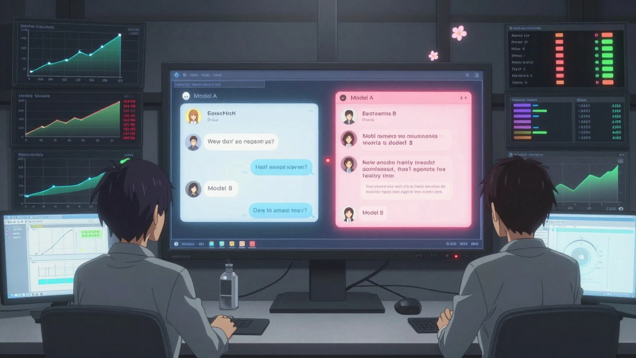 Deux ingénieurs observent des métriques en temps réel dans une salle calme, un écran affiche deux conversations IA l'une à côté de l'autre.