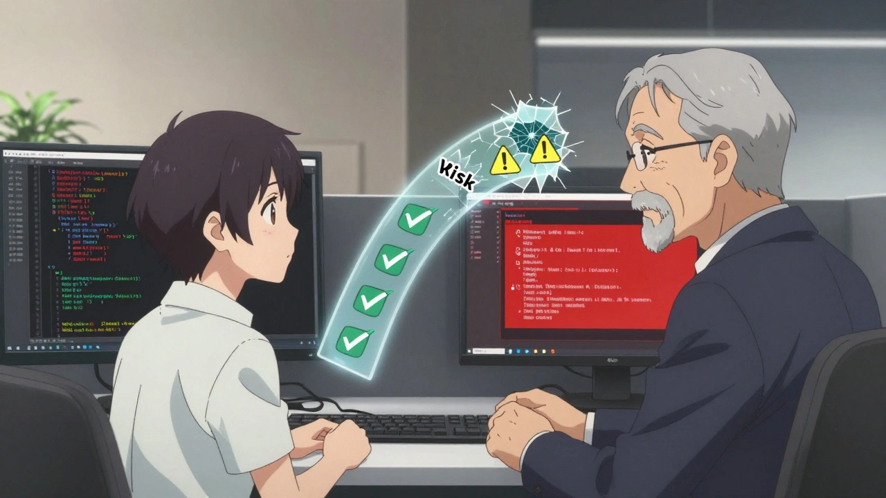 Développeur senior et junior en débat, écrans contrastés, balance entre confiance et risque dans un bureau moderne.