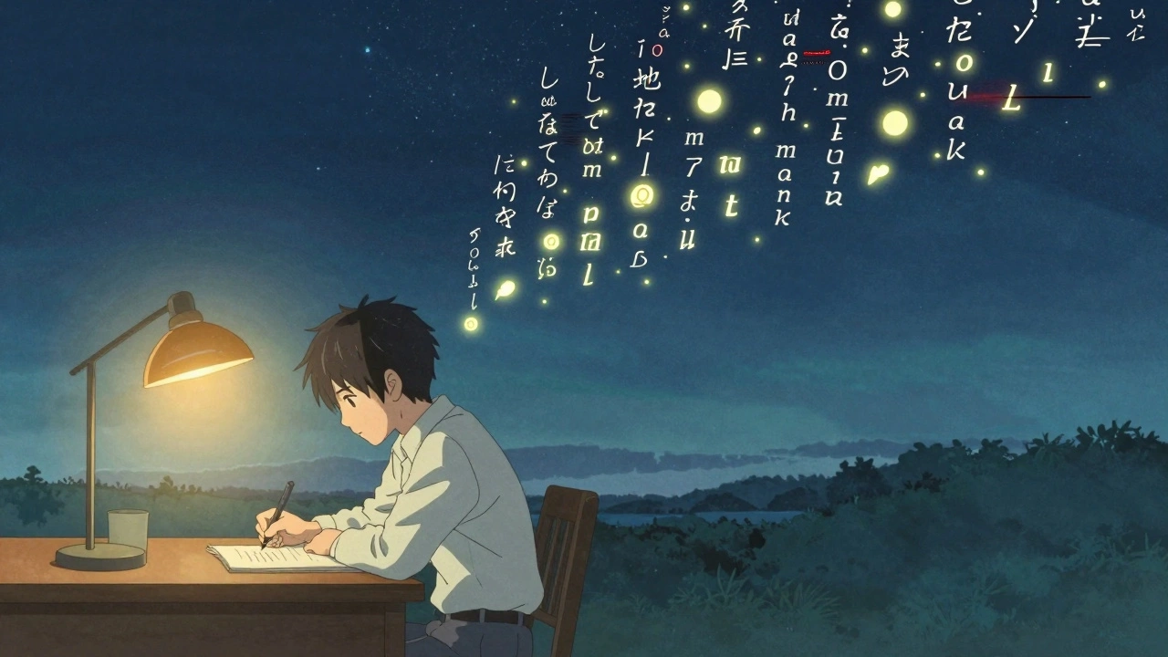 Écrivain observe des mots flottants qui prédisent la suite d'une phrase, avec des erreurs visuelles apparaissant au fur et à mesure.