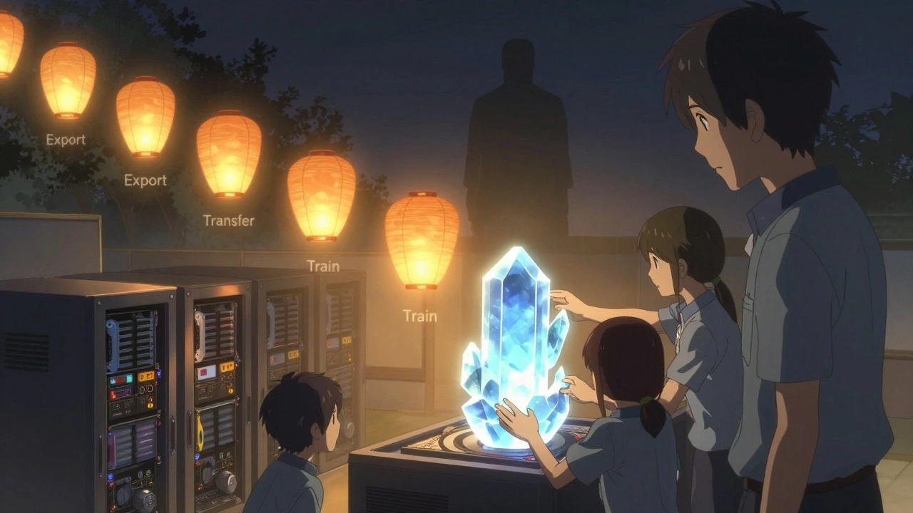 Équipe extrayant un modèle d'IA vers un cadre ouvert, symbolisant la libération du verrouillage.