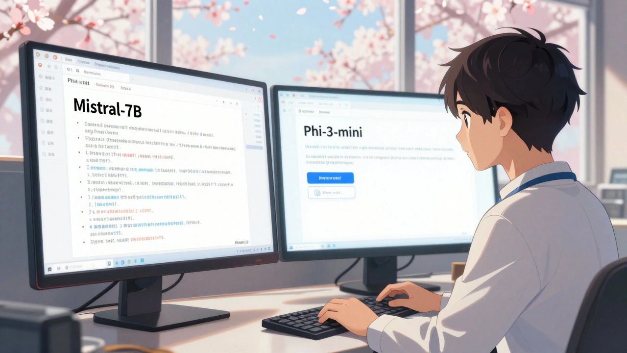 Ingénieur comparant un modèle compressé défectueux à un Phi-3-mini performant, avec des pétales de cerisier en arrière-plan.