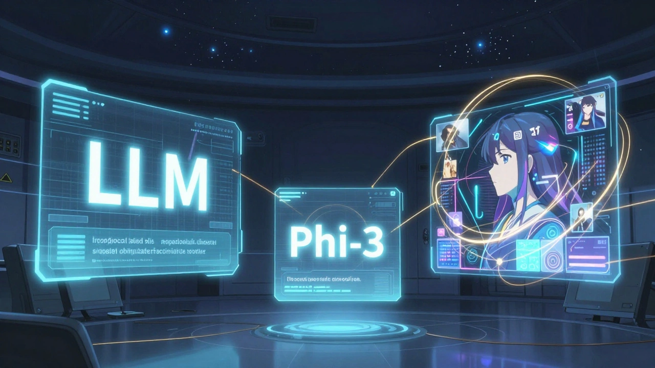 Trois modèles d'IA holographiques en équilibre : grand compressé, petit optimisé et multimodal, dans une salle de contrôle futuriste.