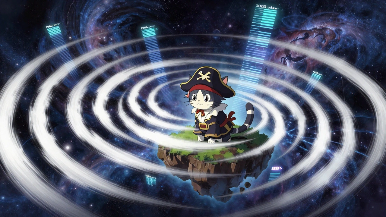 Un chat en costume de pirate émerge progressivement d'un nuage de bruit blanc, dépeint dans un style anime délicat et onirique.