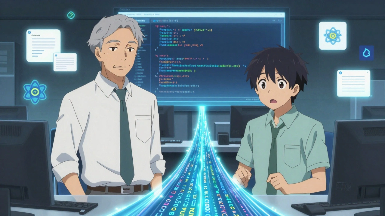 Deux avatars codant ensemble, leurs flux de code fusionnés dans un flux lumineux.