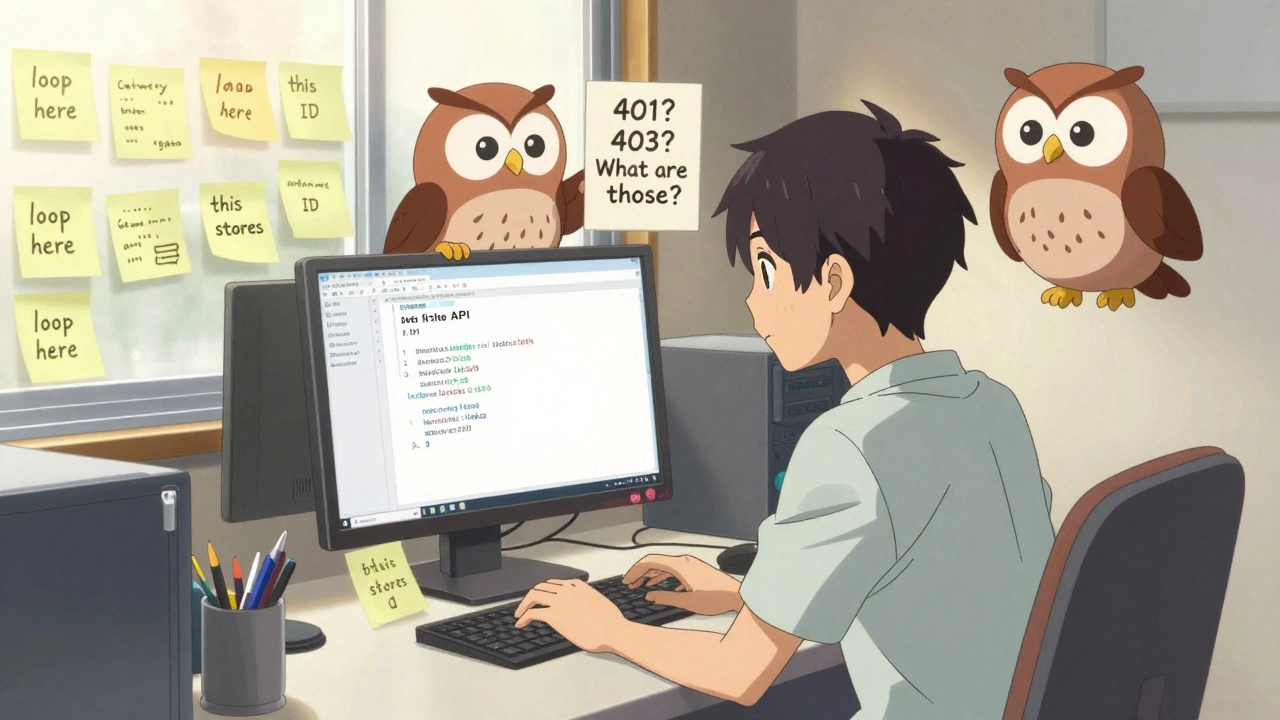 Développeur junior entouré de notes explicatives et d'erreurs HTTP non comprises.