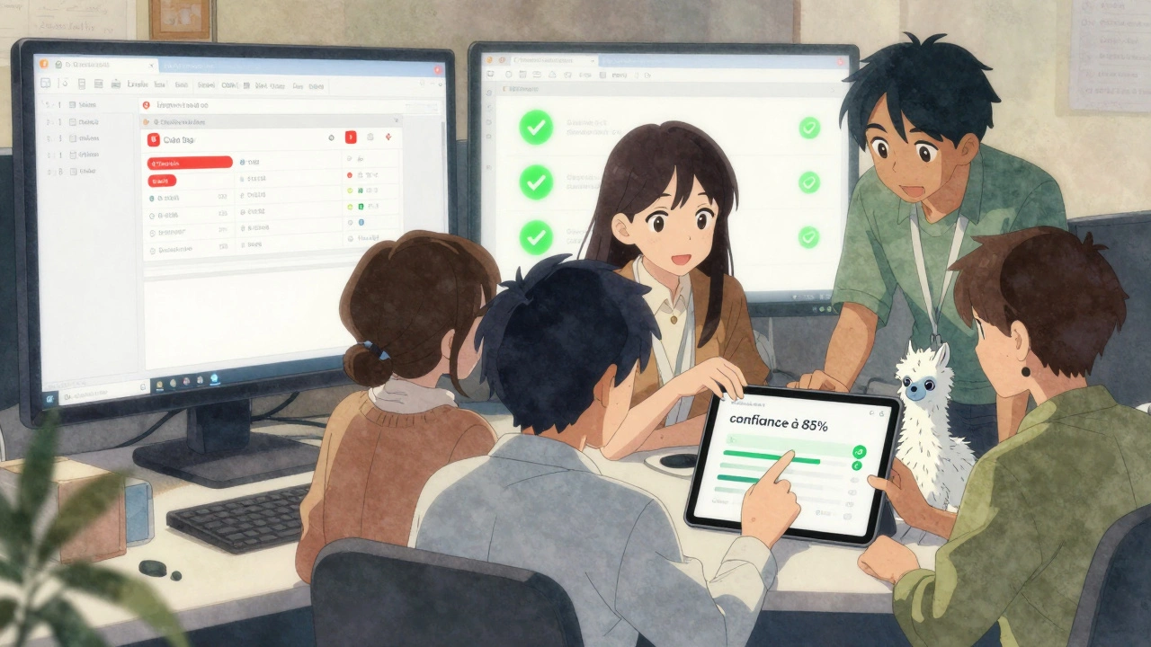 Équipe en train de configurer un système d'automatisation avec un curseur de confiance et un CRM nettoyé.