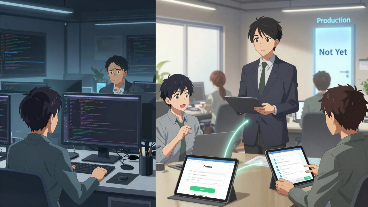 Scène divisée : à gauche, un développeur perplexe ; à droite, des utilisateurs testent un prototype avec satisfaction.