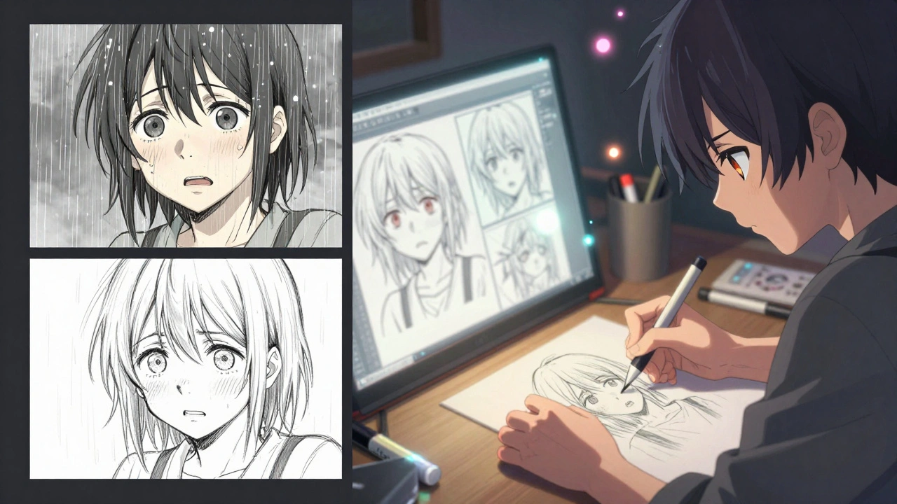 Un artiste corrige un storyboard généré par IA, avec des personnages incohérents entre les plans, entouré de croquis et de lumières numériques.