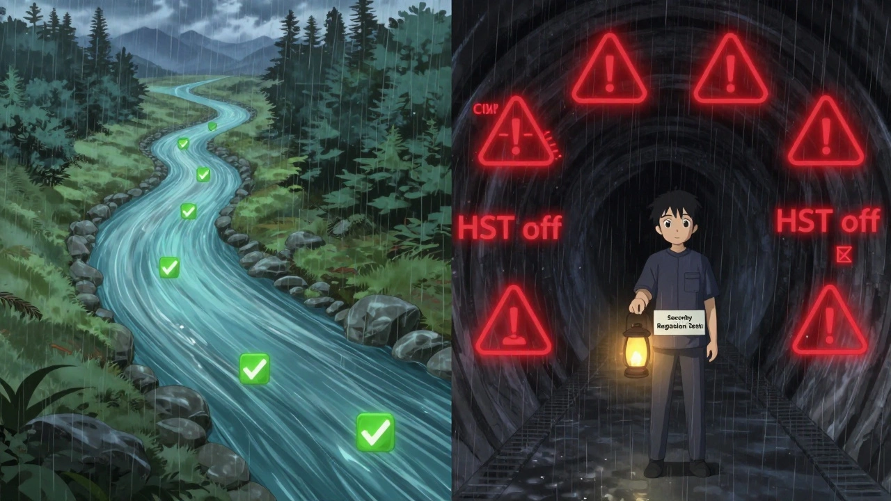 Une canalisation CI/CD paisible contrastée avec un tunnel de failles de sécurité en tempête.