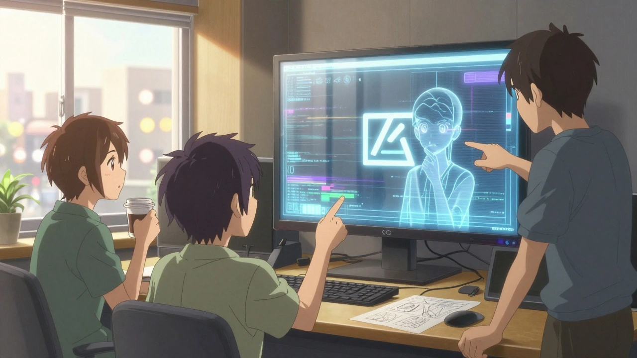 Une équipe de production travaille avec une IA holographique qui affiche une vidéo aux erreurs subtiles, dans un studio lumineux à Paris.