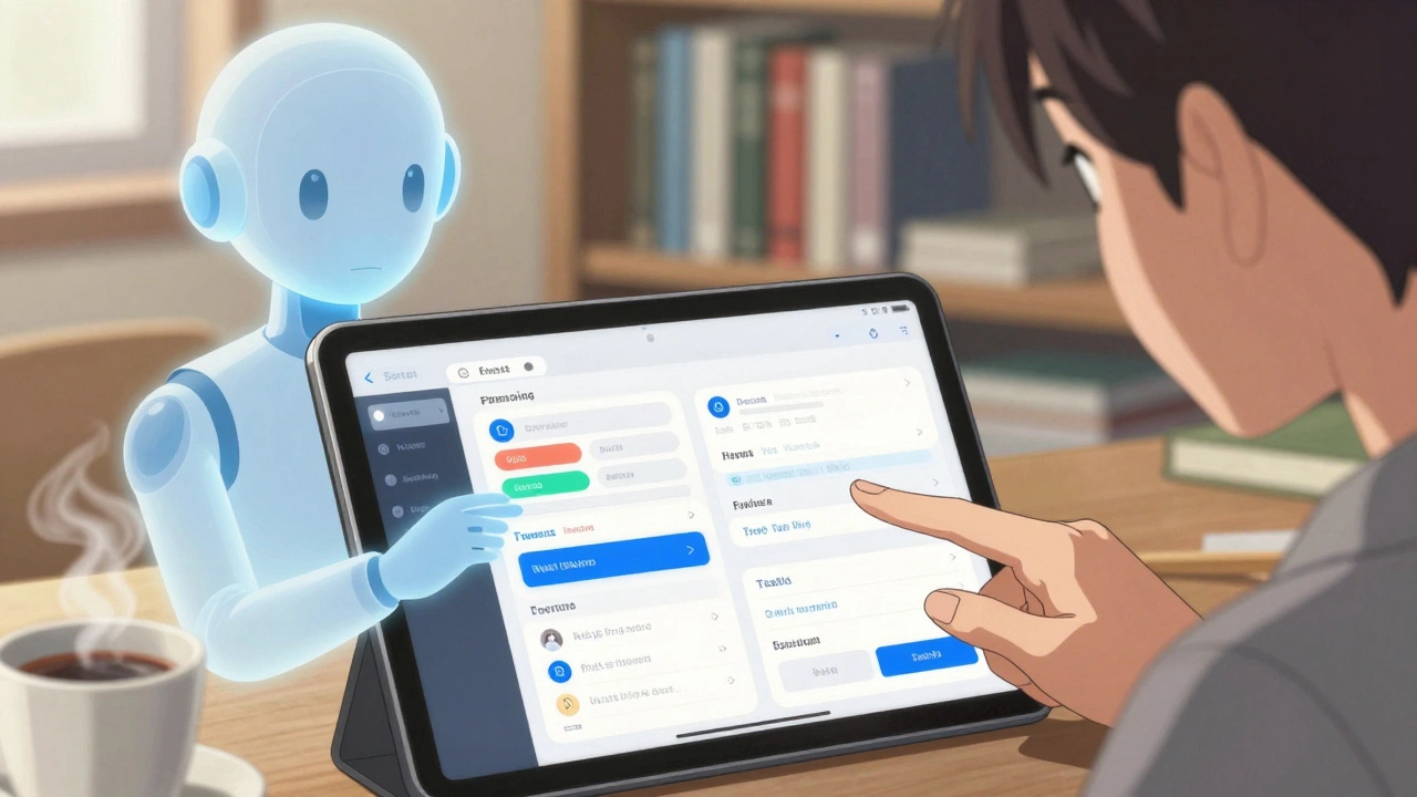 Une main ajuste une interface mobile en temps réel, accompagnée d'une entité IA stylisée aux lignes douces.