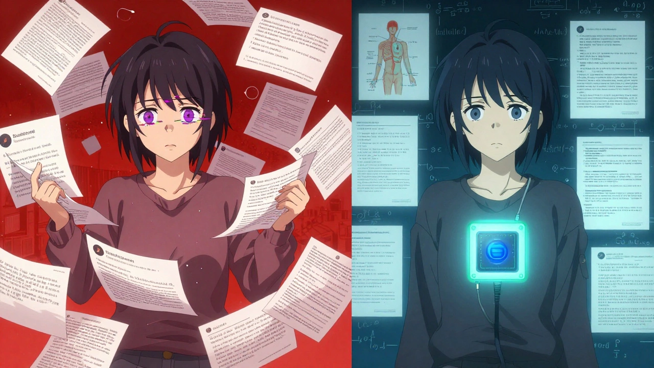 Avatar d'IA en deux parties : confus avec des textes de réseaux sociaux d'un côté, calme avec des documents médicaux de l'autre.