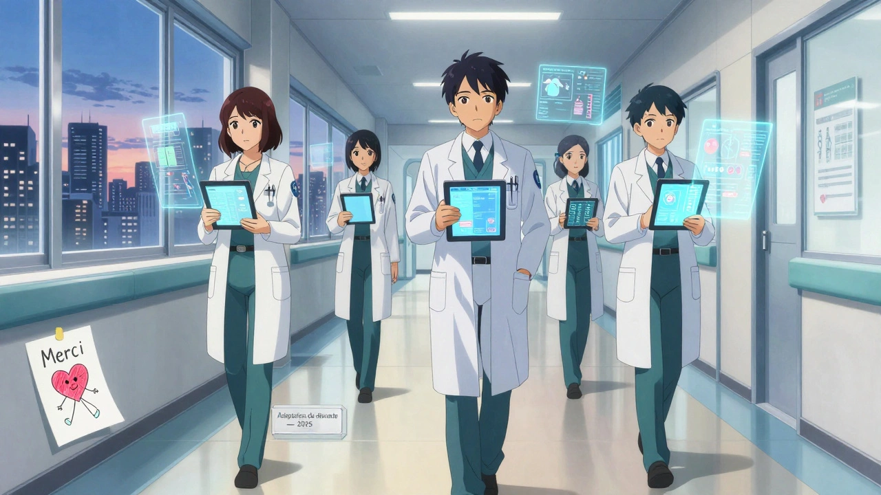Corridor d'hôpital futuriste avec des assistants IA aidant des médecins, des historiques patients en hologramme et un dessin d'enfant sur le mur.