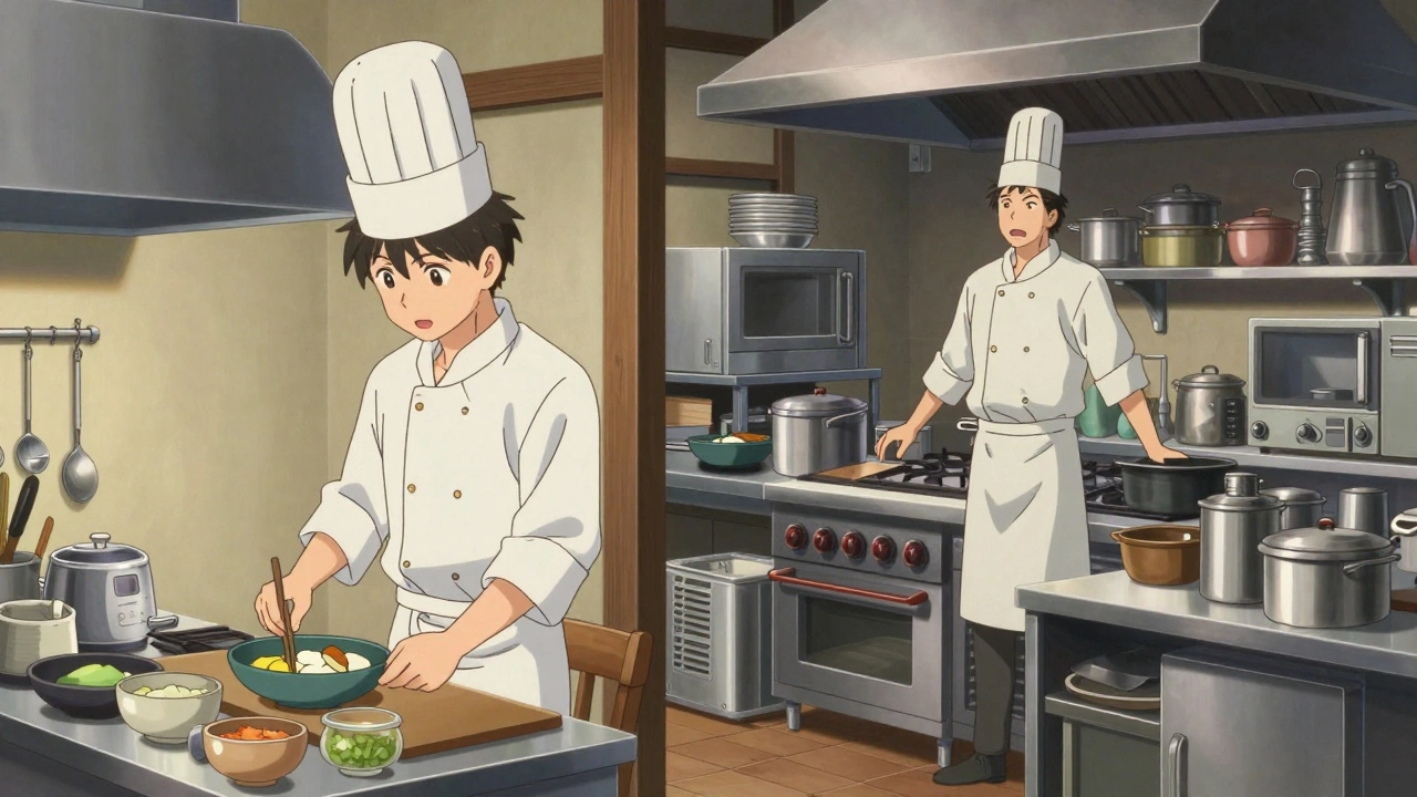 Cuisinier habile dans une petite cuisine face à une cuisine surchargée, illustrant l'efficacité vs. la taille.