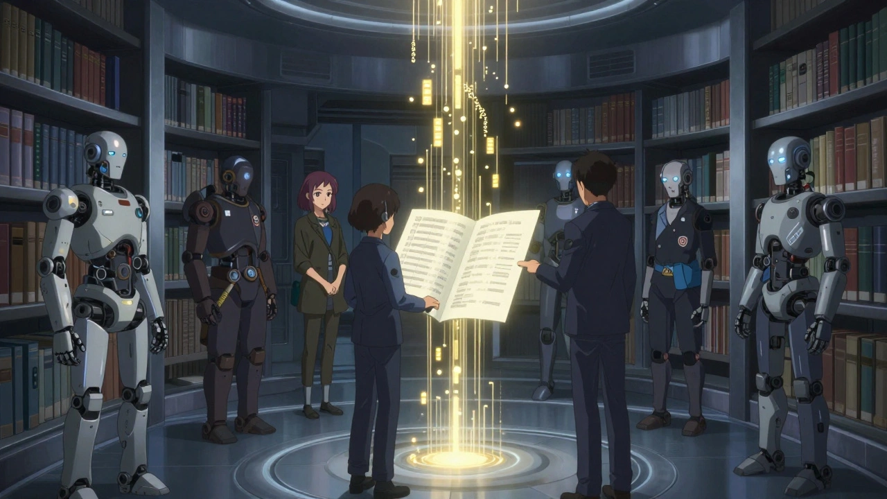 Robots experts dans une bibliothèque futuriste, seulement cinq actifs, traitant un document flottant.
