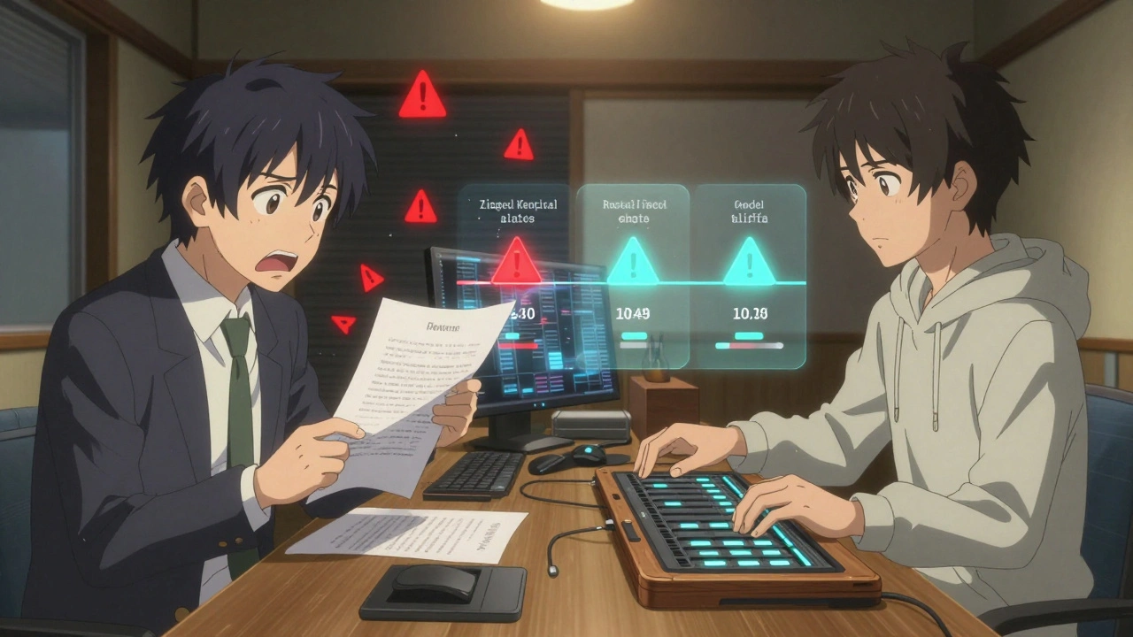 Un analyste financier voit un contrat se déformer en texte illisible, tandis qu'un ingénieur restaure une version antérieure avec une interface tactile.