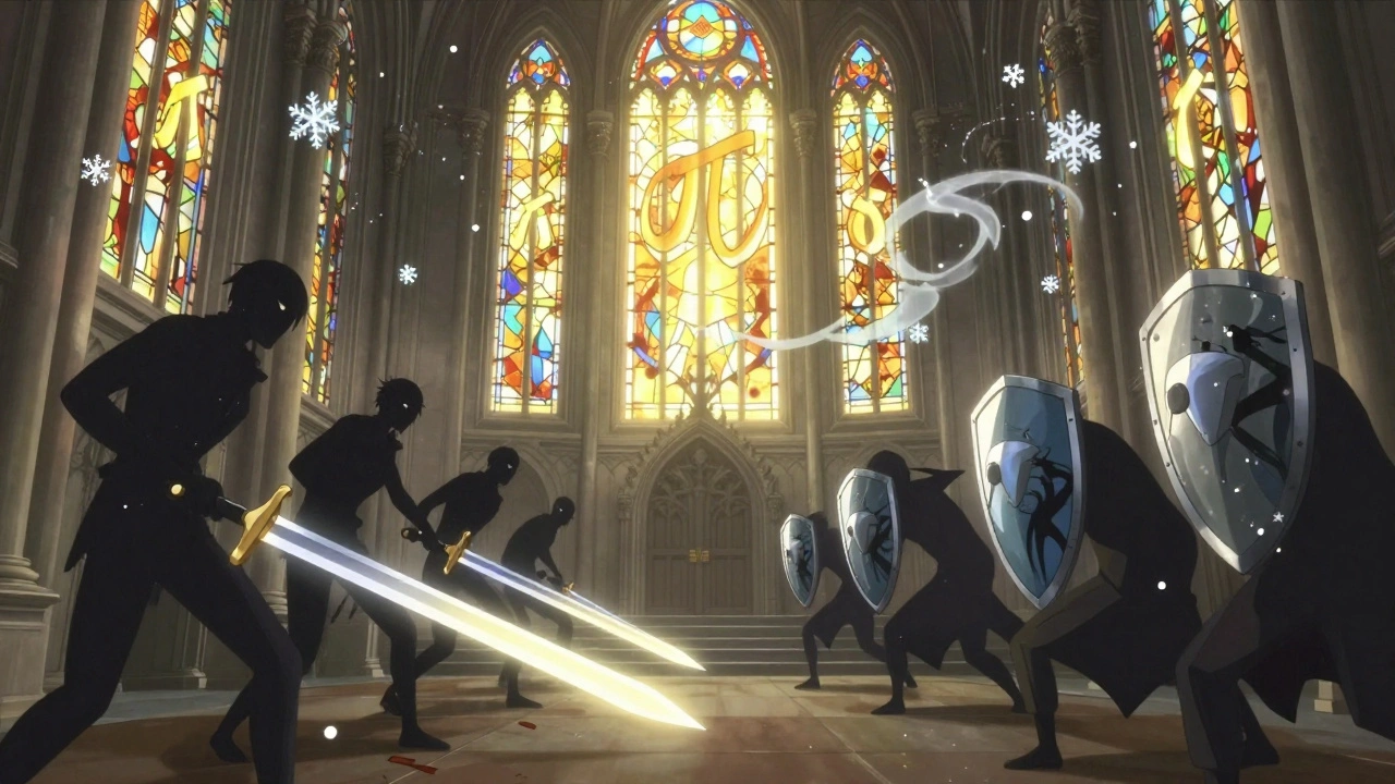 Un combat symbolique entre menaces de données et boucliers de confidentialité dans un sanctuaire numérique lumineux.