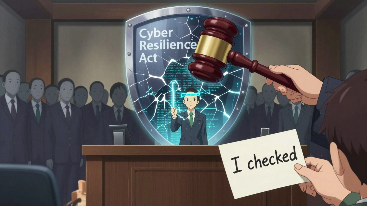 Un directeur technique dans un tribunal, un code IA fissuré sous un bouclier légal, des silhouettes floues derrière lui.