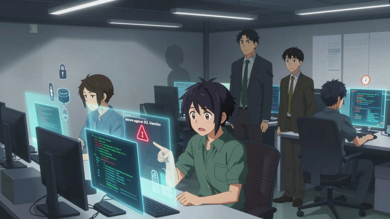 Une équipe de développeurs vérifiant du code IA générée, un commentaire trompeur émet un avertissement rouge.