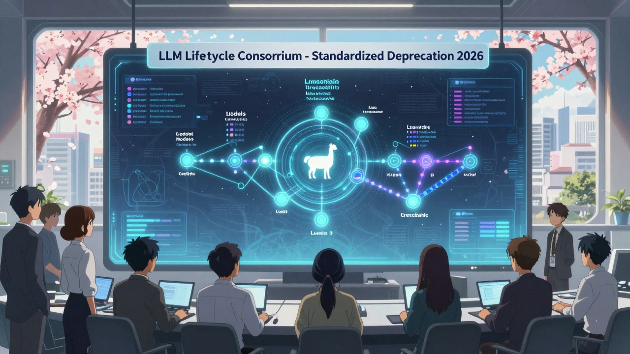 Une équipe regarde une carte holographique des cycles de vie des modèles d'IA, avec des chaînes de traçabilité en blockchain et des pétales de cerisier tombant à la fenêtre.