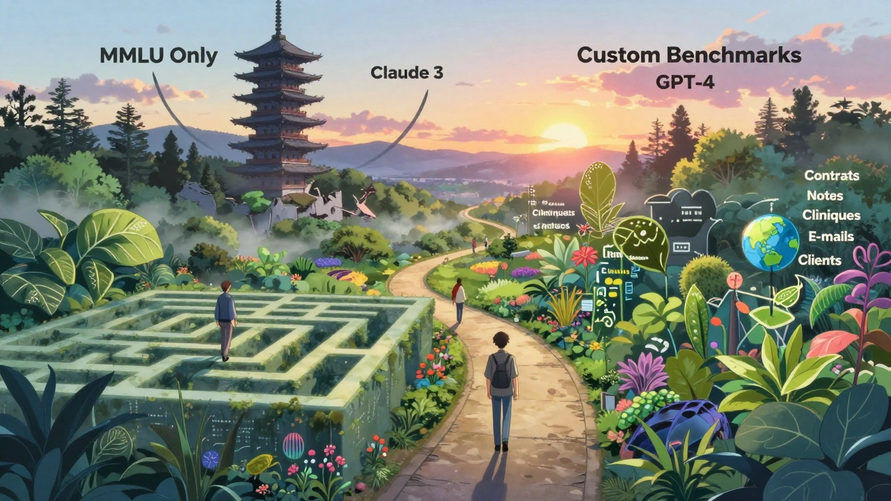 Chemin symbolique menant d'un benchmark obsolète vers un jardin de tests personnalisés, avec des personnages représentant différents modèles.