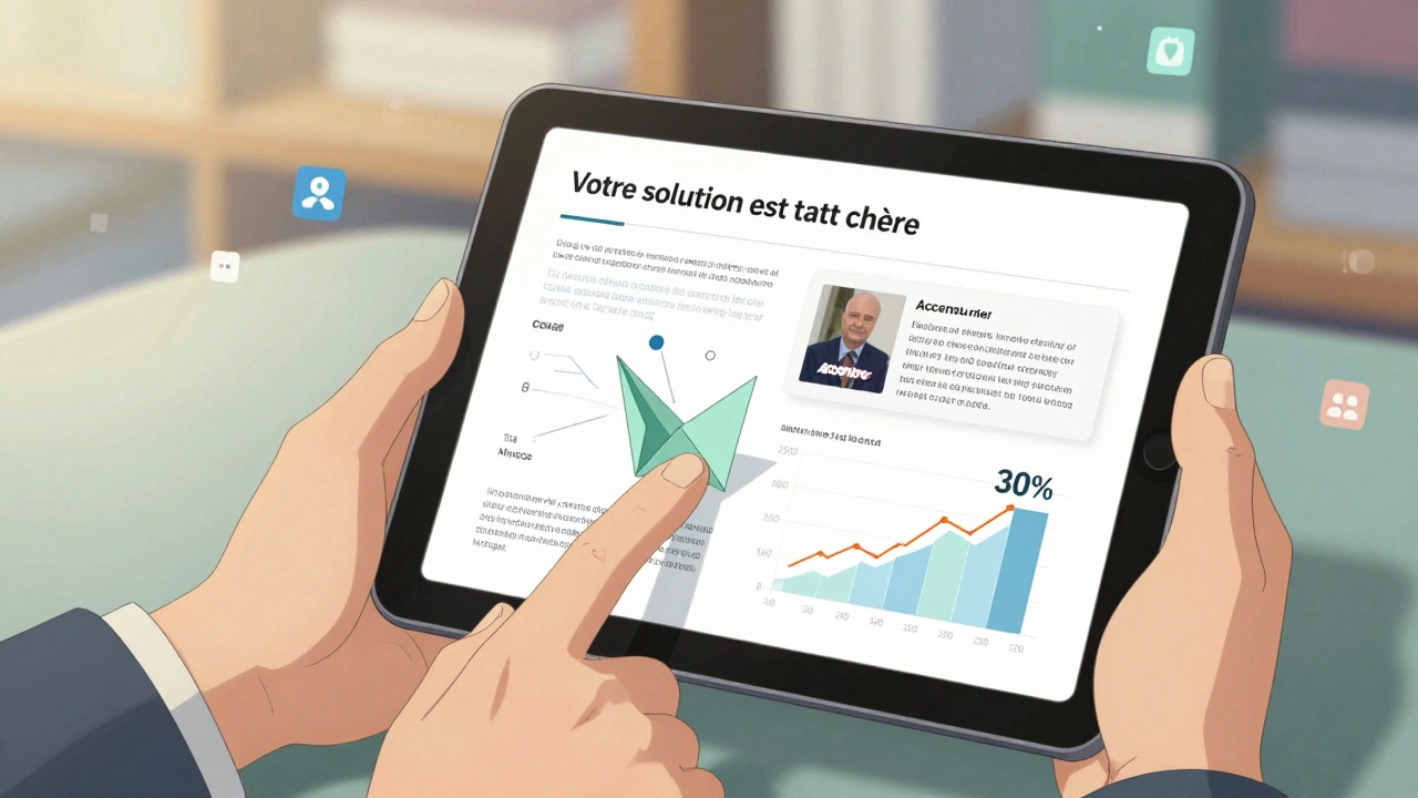 Des mains manipulent une tablette affichant une réponse IA générée avec des icônes flottantes de comparaison de coûts et une vidéo de témoignage.