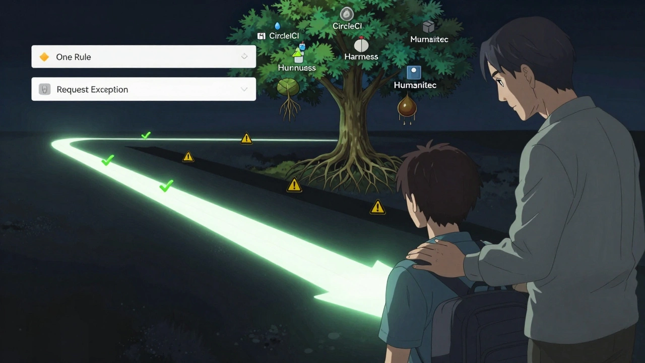 Développeur demandant une exception avec deux chemins visuels : l'un sécurisé et automatisé, l'autre risqué, entouré d'outils de gouvernance.