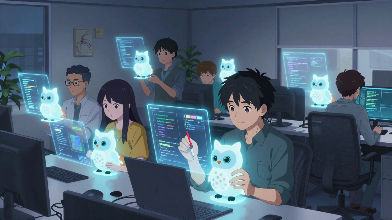 Équipe de développeurs assistée par des entités animales flottantes générant du code et des tests.