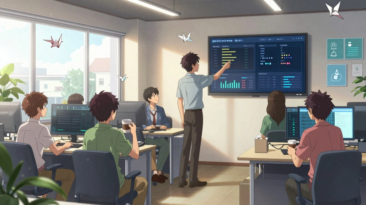 Équipe de développeurs en discussion détendue pendant une heure de gouvernance ouverte, avec un tableau de bord en arrière-plan.