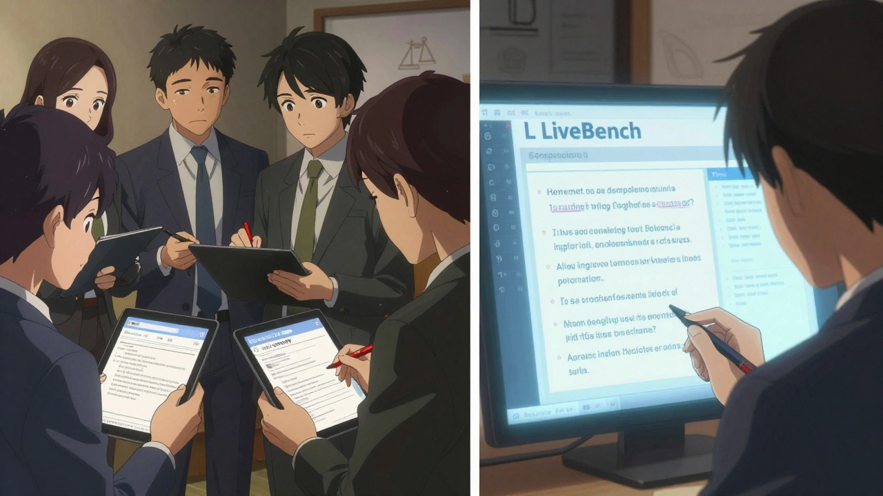 Équipe travaillant sur des documents réels de clients et un système générant des questions en temps réel pour évaluer les modèles linguistiques.