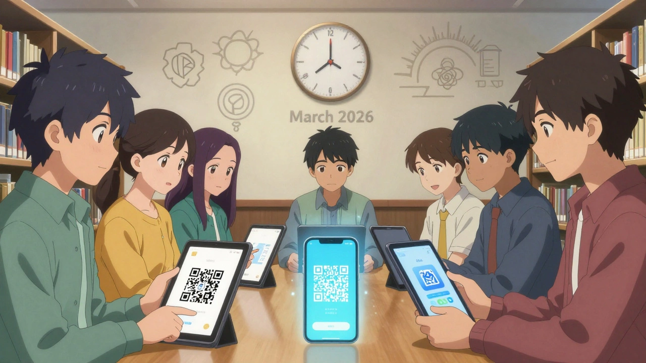 Étudiants dans une bibliothèque partageant des applications générées par IA, une hologramme apparaît au-dessus d'une tablette.