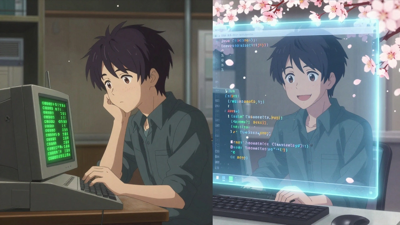 Transformation du code legacy COBOL en Java moderne, représentée en deux pans d'une scène anime.