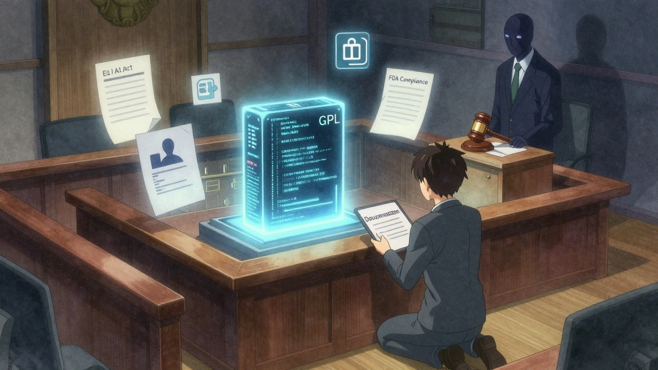 Un module de code est jugé dans un espace numérique, entouré de documents juridiques et d'une silhouette d'IA observatrice.