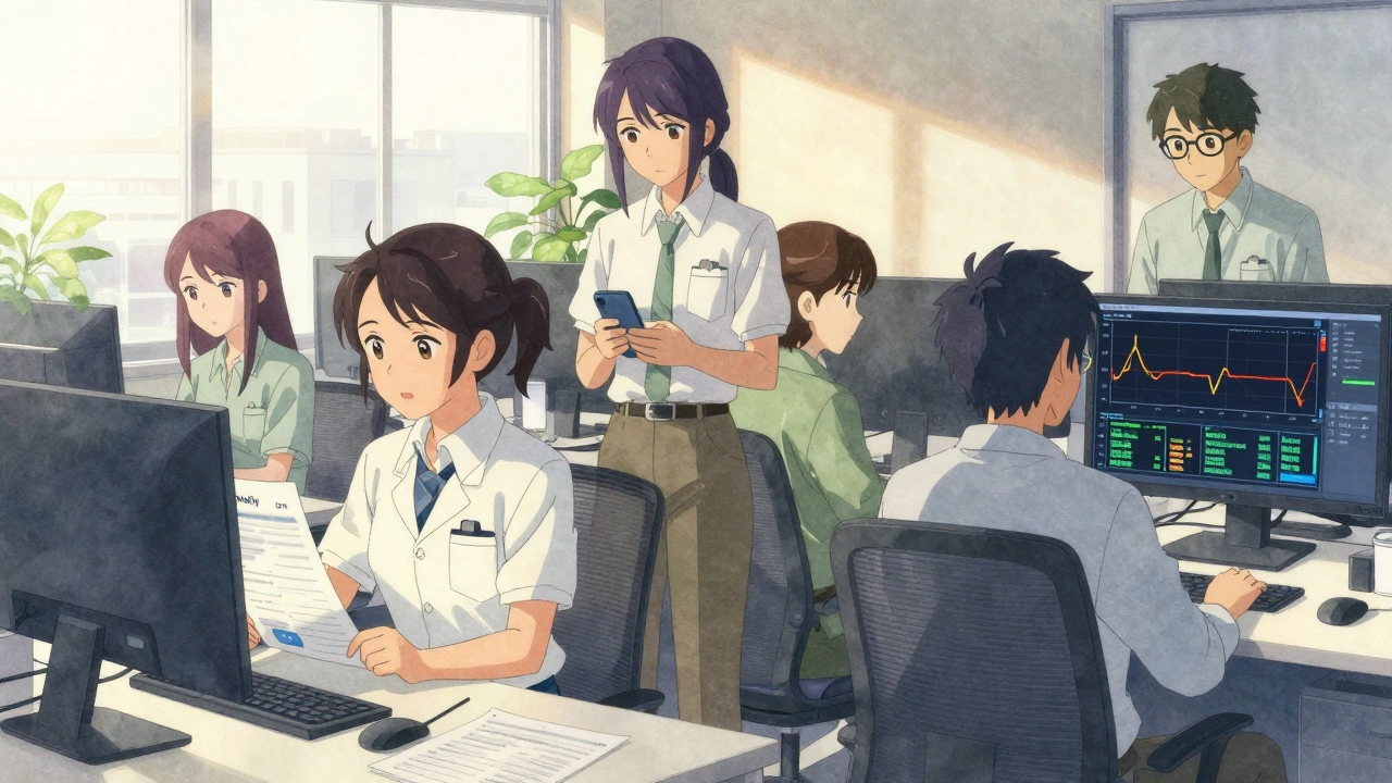 Une équipe de réviseurs travaille ensemble dans un bureau lumineux, surveillant un tableau de bord AI en temps réel.