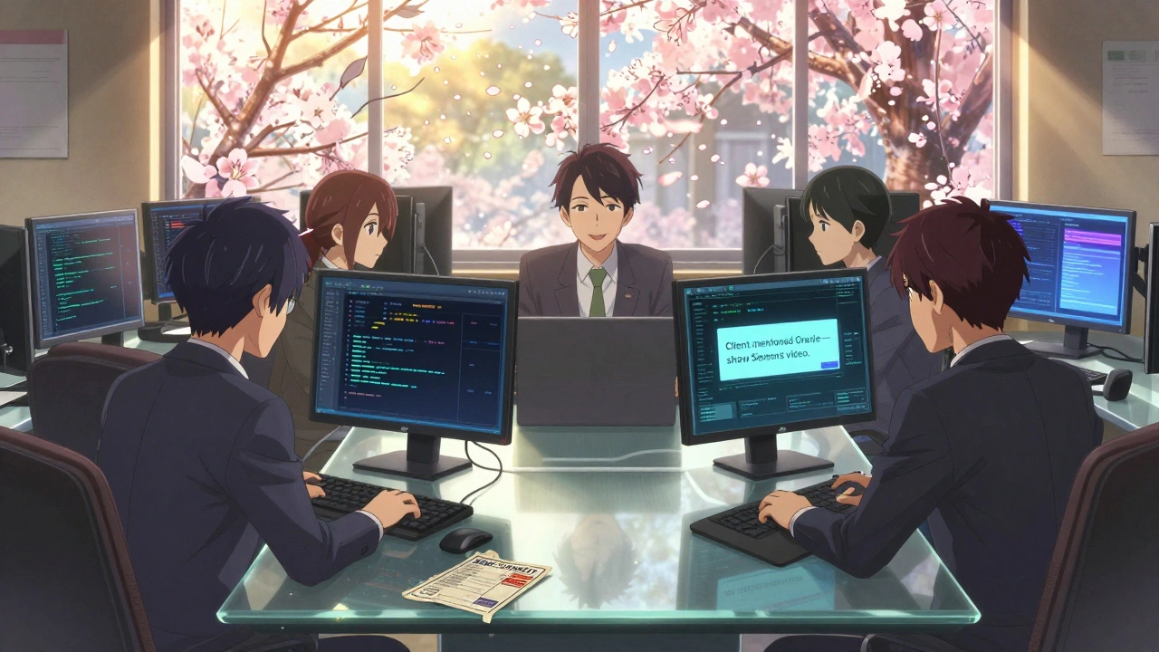 Une équipe de vente regarde des alertes IA en direct, la lumière du soleil couchant baigne la pièce tandis qu'une carte papier obsolète repose au coin de la table.