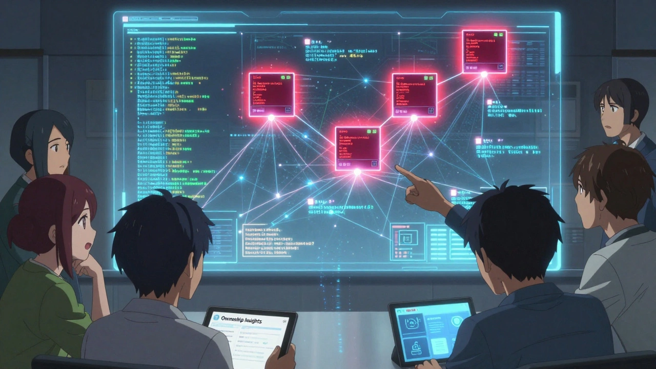 Une équipe regarde une carte holographique du code où certains modules sont déconnectés et clignotent en rouge.