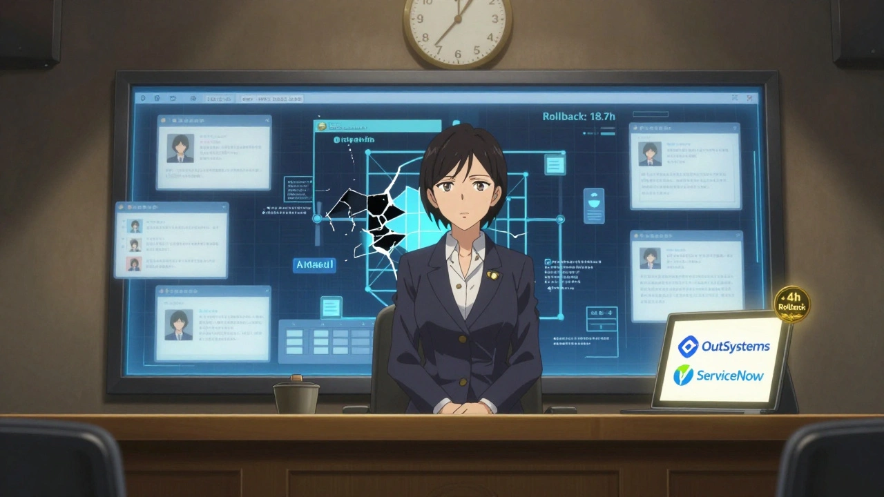 Auditeur dans une salle d'audit avec un système bancaire cassé et des horloges de rollback en conflit, sous des lumières froides.