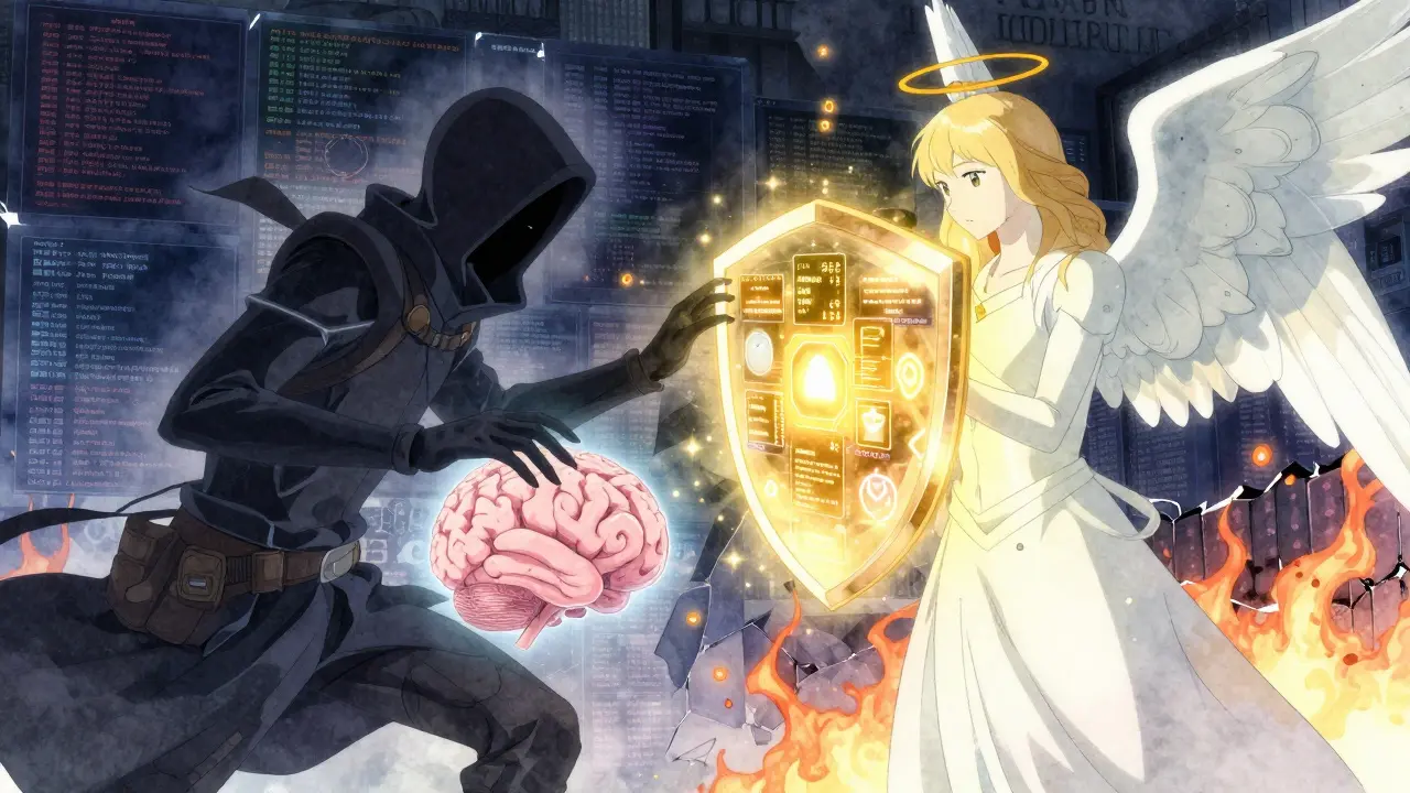 Bataille symbolique entre un pirate et un système de sécurité IA protégeant un modèle avec des scores de confiance, style anime poétique.