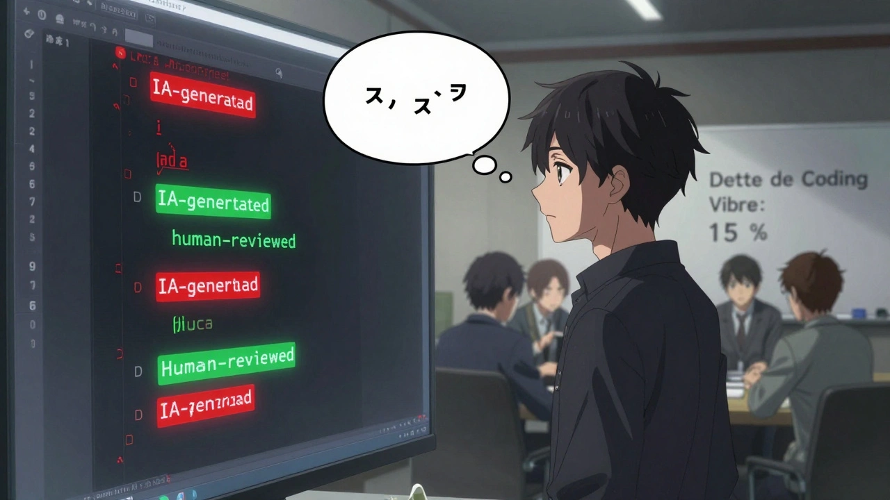 Code généré par IA marqué en rouge et vert, une faille critique apparaît dans un endpoint.