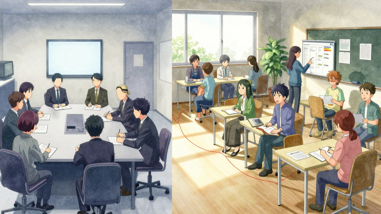 Contraste entre une réunion d'executifs impersonnels et une communauté engagée, reliée par un fil rouge symbolisant l'humain manquant.