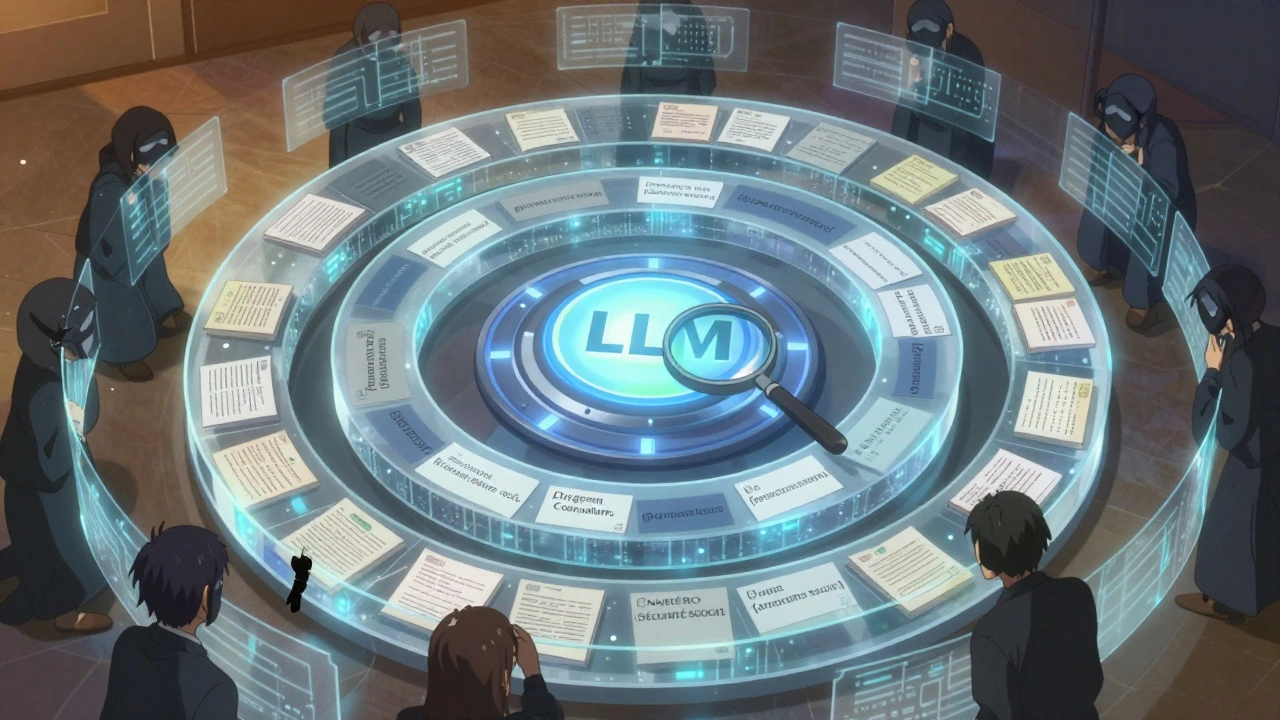 Couche de sécurité en anneaux autour d'une IA, masquant et filtrant les données sensibles avant affichage.