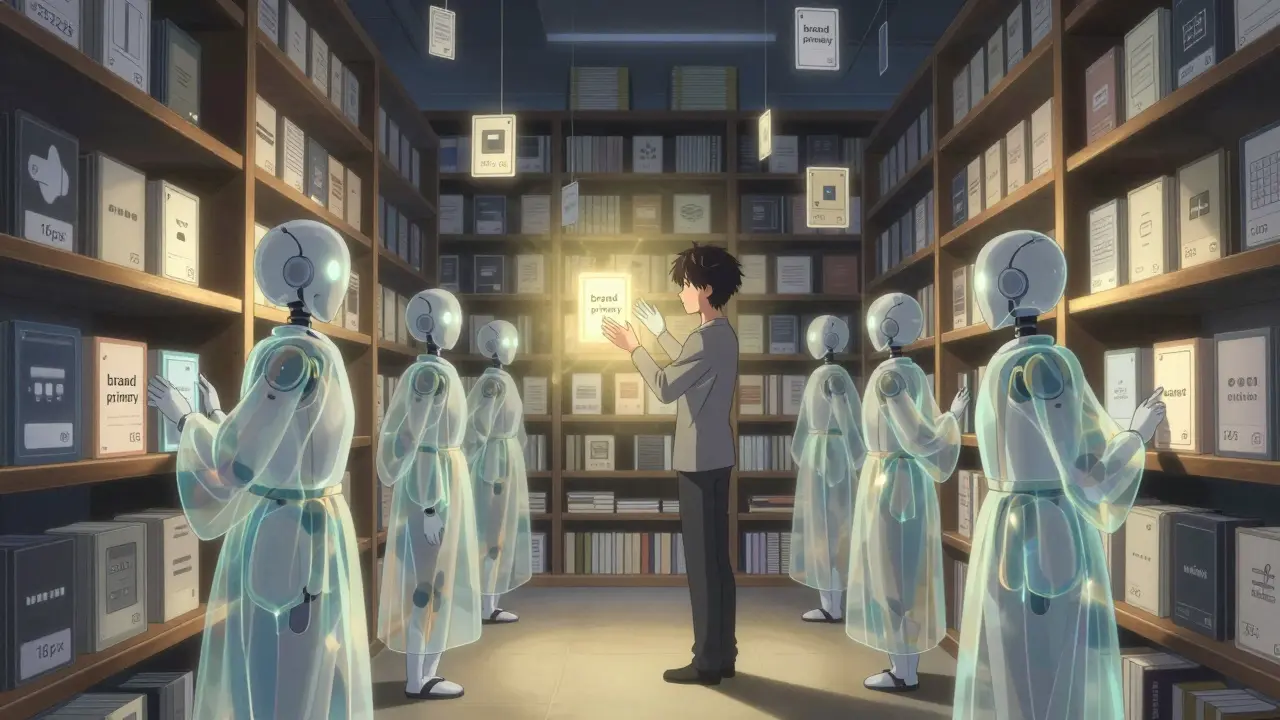 Des assistants IA organisent des jetons de design dans une bibliothèque futuriste, un humain les guide doucement.