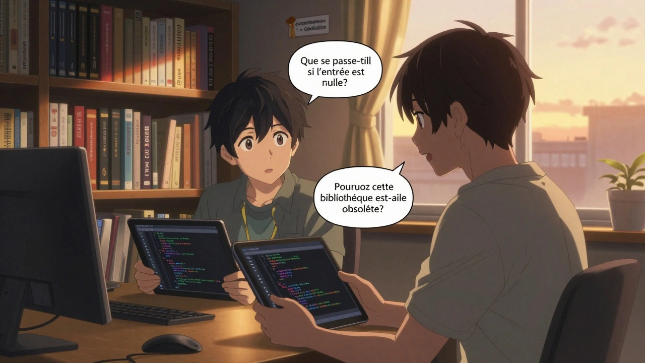 Développeur explique du code à un junior, des questions flottent en bulles de pensée.