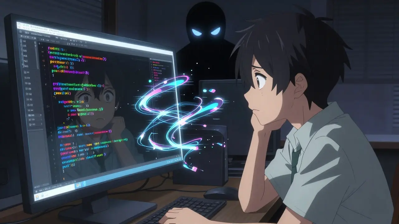 Développeur junior confronté à du code erroné qui flotte comme des hallucinations numériques.