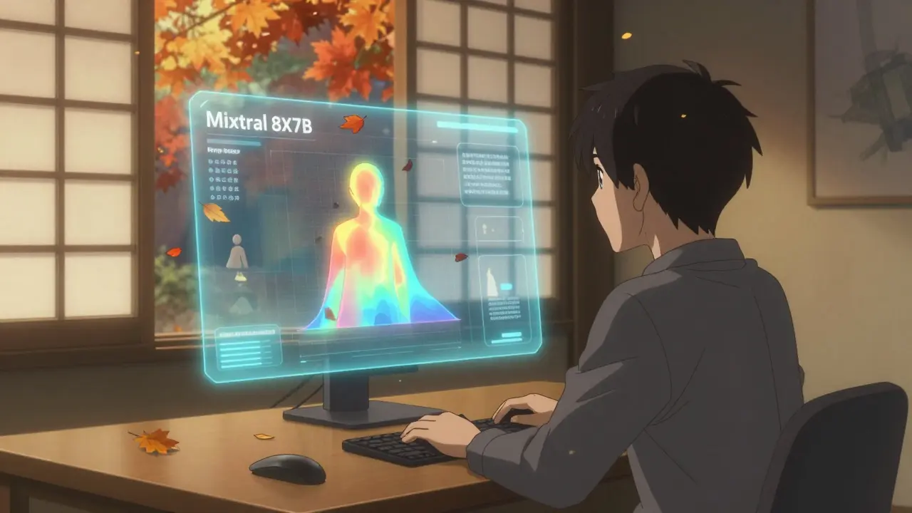 Développeur regardant une heatmap d'experts sur un écran holographique, des feuilles d'automne tombent, ambiance calme et réflexive.