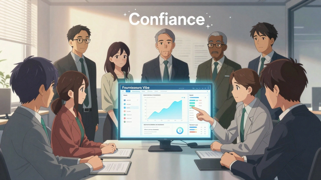 Équipe dans un bureau parisien regardant un tableau de confiance partagé pour les fournisseurs d'IA, lumière du matin et ambiance collaborative.