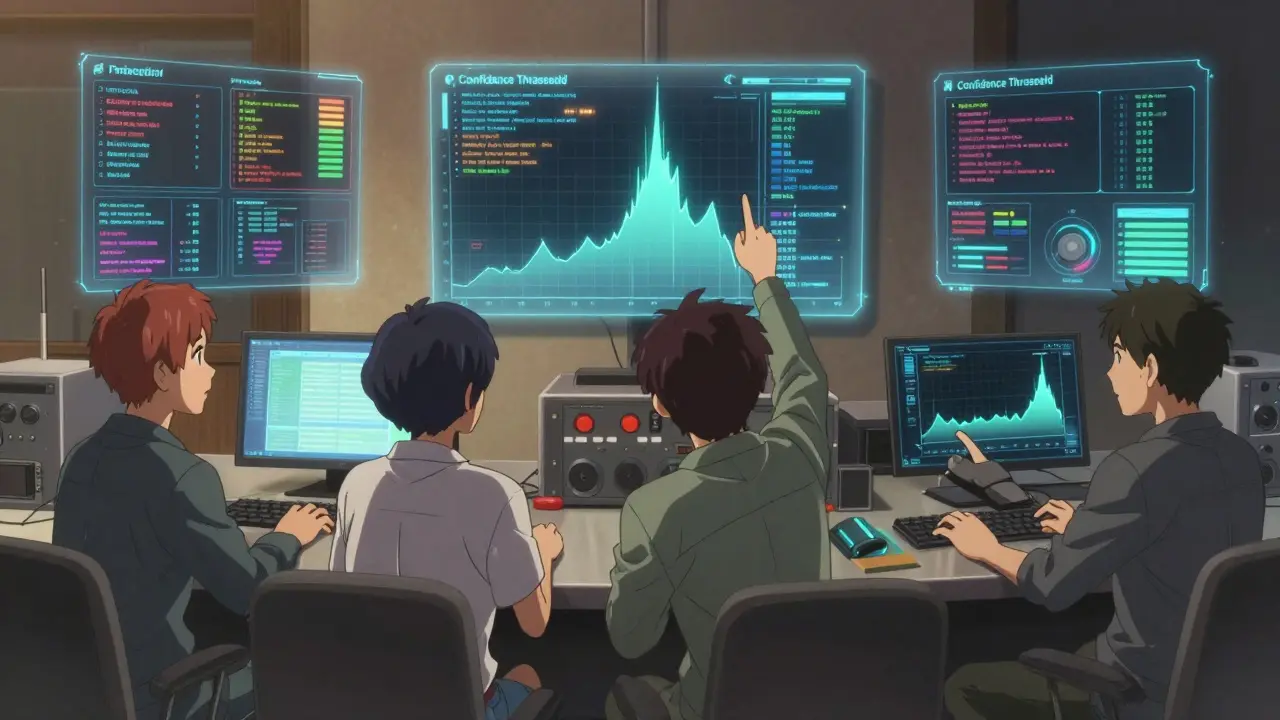 Équipe dans une salle de contrôle surveillant des tableaux de bord holographiques de télémétrie IA, style anime doux.