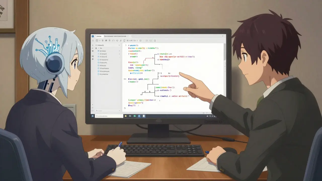 Équipe de développeurs et une IA anthropomorphisée collaborent sur un flux de code.