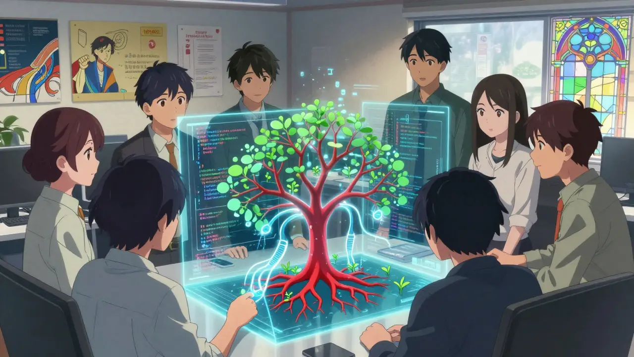 Équipe regardant un arbre de code vivant avec des erreurs corrigées par des liens IA.